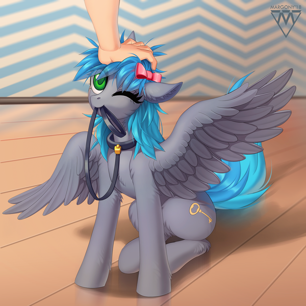 Size: 1300x1300 | Tagged: safe, artist:margony, derpibooru import, oc, oc:key turner, unofficial characters only, human, pegasus, pony, bow, collar, colored pupils, commission, digital art, eye clipping through hair, femboy, hair bow, hand, leash, looking up, male, mouth hold, one eye closed, pet play, petting, pony pet, room, signature, sitting, solo, spread wings, stallion, wings, ych result