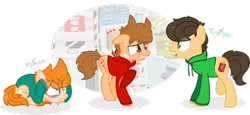 Size: 1024x469 | Tagged: safe, artist:shinybrony, derpibooru import, ponified, pony, clothes, edd, eddsworld, hoodie, matt, simple background, tord, transparent background