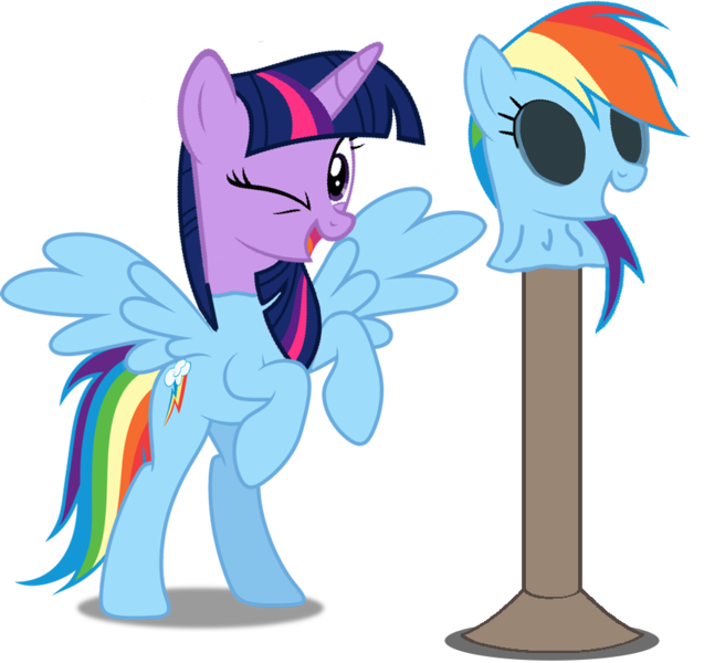 Size: 850x801 | Tagged: safe, derpibooru import, edit, rainbow dash, twilight sparkle, twilight sparkle (alicorn), alicorn, pony, bodysuit, clothes, disguise, downvote bait, mask, masking, one eye closed, pony costume, ponysuit, rainbow dash suit, rearing, simple background, skinsuit, transparent background, wink