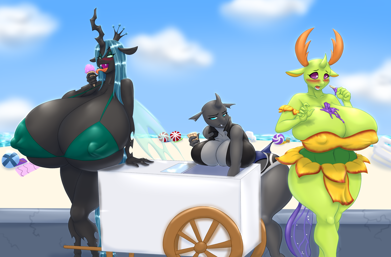 Size: 3040x2000 | Tagged: suggestive, alternate version, artist:blues64, artist:marauder6272, derpibooru import, queen chrysalis, thorax, oc, oc:sinyxstra, anthro, changedling, changeling, series:the snack shack, beach, big breasts, bikini, breasts, busty queen chrysalis, busty queen mesosoma, busty thorax, cart, changeling oc, clothes, dessert, food, huge breasts, ice cream, ice cream cone, impossibly large breasts, king thorax, licking, mesosoma, ocean, open mouth, queen mesosoma, rule 63, sand, swimsuit, tongue out