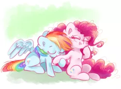 Size: 1000x734 | Tagged: safe, artist:pinkablue, derpibooru import, pinkie pie, rainbow dash, earth pony, pegasus, pony, abstract background, blushing, cute, eyes closed, female, hnnng, hoof kissing, kissing, lesbian, mare, pinkiedash, shipping, sitting, smiling