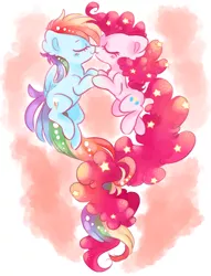 Size: 1000x1310 | Tagged: safe, artist:pinkablue, derpibooru import, pinkie pie, rainbow dash, earth pony, pegasus, pony, abstract background, color porn, cute, eyes closed, eyestrain warning, female, hnnng, holding hooves, intertwined tails, kissing, lesbian, mare, pinkiedash, shipping, smiling