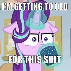 Size: 500x500 | Tagged: cropped, derpibooru import, edit, edited screencap, empathy cocoa, floppy ears, i mean i see, intentional spelling error, lethal weapon, marks for effort, meme, safe, screencap, solo, starlight glimmer, too old for this, vulgar