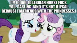 Size: 1280x720 | Tagged: suggestive, derpibooru import, edit, edited screencap, screencap, rarity, sweetie belle, unicorn, forever filly, background pony strikes again, caption, darling, downvote bait, female, image macro, implied foalcon, implied lesbian, implied princess cadance, implied princess celestia, implied princess flurry heart, implied princess luna, implied sex, implied twilight sparkle, incest, lesbian, meme, raribelle, rarity's fetish, shipping, sisters, subtle as a train wreck, successful troll