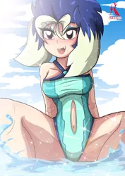 Size: 2894x4093 | Tagged: artist:ryured, belly button, breasts, clothes, derpibooru import, female, human, humanized, looking at you, navel cutout, one-piece swimsuit, open mouth, part of a set, princess ember, solo, solo female, suggestive, swimming pool, swimsuit, underwear