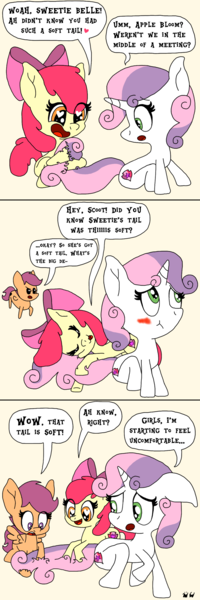 Size: 1000x3000 | Tagged: safe, artist:bjdazzle, derpibooru import, apple bloom, scootaloo, sweetie belle, anatomically incorrect, blushing, comic, cute, cutie mark crusaders, distracted, embarrassed, heart, heart eyes, incorrect leg anatomy, petting, simple background, snuggling, starry eyes, tail, wingding eyes