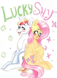 Size: 769x1040 | Tagged: safe, artist:spazzyhippie, derpibooru import, fluttershy, oc, oc:lucky charm, pegasus, pony, unicorn, back to back, blushing, canon x oc, clovers, couple, cute, female, flucky, looking at each other, male, romantic, shipping, straight
