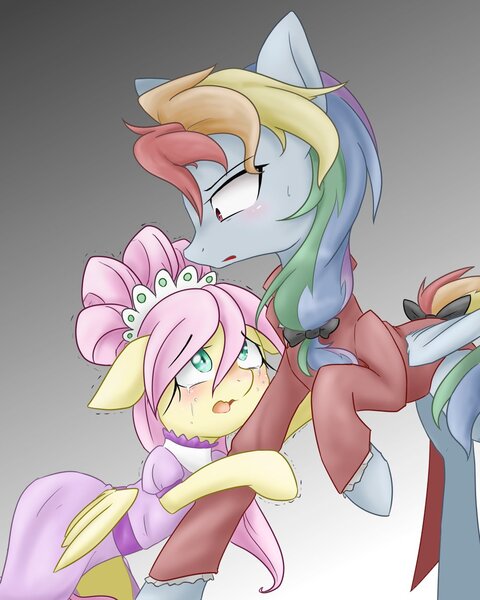 Size: 1000x1250 | Tagged: safe, artist:azurepicker, derpibooru import, fluttershy, rainbow dash, the count of monte rainbow, alternate hairstyle, bow, clothes, crying, female, fluttercedes, flutterdash, lesbian, rainbow dantes, shipping, the count of monte cristo