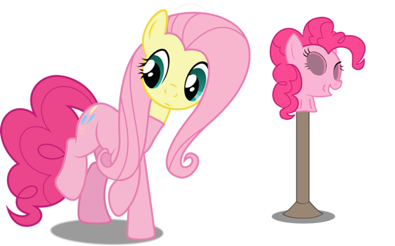 Size: 850x530 | Tagged: bodysuit, clothes, derpibooru import, disguise, edit, fluttershy, mask, masking, pinkie pie, pinkie pie suit, ponysuit, safe, simple background, skinsuit, transparent background, voice actor joke