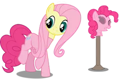 Size: 850x530 | Tagged: bodysuit, clothes, derpibooru import, disguise, edit, fluttershy, mask, masking, pinkie pie, pinkie pie suit, ponysuit, safe, simple background, skinsuit, transparent background, voice actor joke