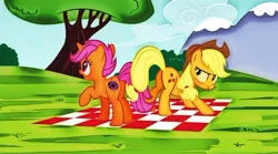 Size: 900x501 | Tagged: safe, artist:leandrovalhalla, derpibooru import, applejack, oc, oc:dance illusions, unicorn, canon x oc, female, lesbian, picnic, picnic blanket, shipping, tree