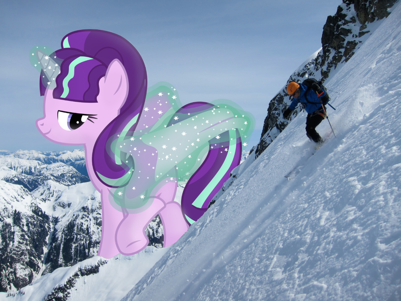 Size: 1426x1071 | Tagged: suggestive, artist:flutterbatismagic, derpibooru import, starlight glimmer, pony, bedroom eyes, exploitable, female, giant ponies in real life, giant pony, giant starlight glimmer, giantess, irl, macro, macro/micro, mountain, mountain range, photo, photomanipulation, ponies in real life, skiing, smug, snow, vector, washington state, what has science done
