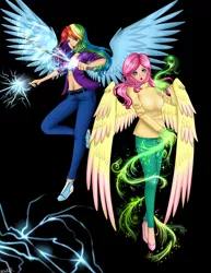 Size: 1600x2073 | Tagged: artist:mdeltar, clothes, derpibooru import, female, fluttershy, gun, human, humanized, katana, magic, midriff, pants, rainbow dash, safe, sweater, sweatershy, sword, weapon, winged humanization, wings