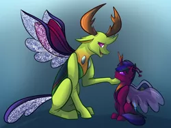 Size: 2732x2048 | Tagged: alicorn, antennae, antlers, artist:percy-mcmurphy, changedling, changeling, changepony, colored sclera, derpibooru import, foal, gradient background, horn, hybrid, hybrid wings, interspecies offspring, king thorax, oc, oc:alistair, offspring, parents:twirax, parent:thorax, parent:twilight sparkle, sad, safe, sitting, smiling, thorax