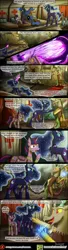 Size: 1000x3692 | Tagged: safe, artist:bonaxor, derpibooru import, discord, princess luna, twilight sparkle, twilight sparkle (alicorn), oc, oc:princess dream, oc:sebastian, alicorn, bat pony, gryphon, comic:journey to the lunar republic, armor, bandage, comic, magic, magic blast