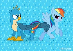 Size: 1024x720 | Tagged: safe, derpibooru import, gallus, rainbow dash, gryphon, confident, looking back, loyalty, value