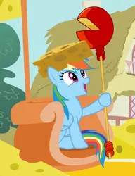 Size: 716x932 | Tagged: cheese, cheese hat, cheesehead, cheese scepter, cropped, derpibooru import, food, happy, hat, pinkie pride, rainbow dash, safe, scepter, screencap, solo