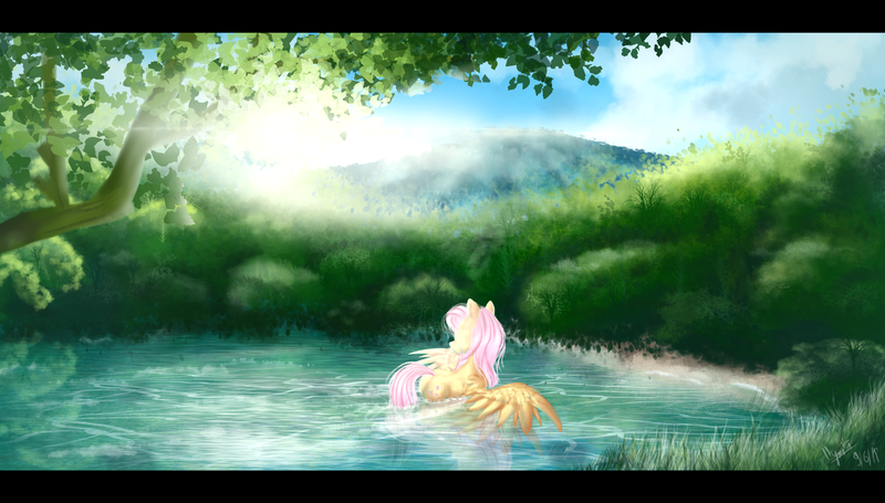 Size: 3800x2159 | Tagged: safe, artist:ilynalta, derpibooru import, fluttershy, pegasus, pony, female, lake, mare, scenery, solo, water