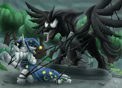 Size: 3600x2600 | Tagged: semi-grimdark, artist:armorwing, derpibooru import, pony of shadows, star swirl the bearded, pony, unicorn, shadow play, 2017, corrupted, duo, ponehenge, raised hoof, scene parody, tentacles, venom