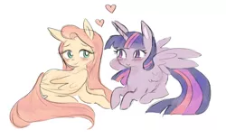 Size: 1898x1172 | Tagged: safe, artist:witchette, derpibooru import, fluttershy, twilight sparkle, twilight sparkle (alicorn), alicorn, pegasus, pony, blushing, duo, female, heart, holding hooves, lesbian, looking at each other, mare, prone, shipping, simple background, smiling, twishy