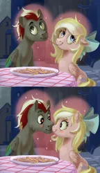 Size: 1151x2000 | Tagged: safe, artist:lis-alis, derpibooru import, oc, oc:bay breeze, oc:mahx, unofficial characters only, bahx, cute, female, food, heart eyes, lady and the tramp, male, ocbetes, oc x oc, pasta, shipping, spaghetti, straight, wingding eyes