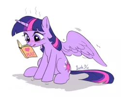 Size: 935x750 | Tagged: suggestive, artist:iuth, derpibooru import, twilight sparkle, twilight sparkle (alicorn), alicorn, pony, blushing, book, ear fluff, female, heart, heart eyes, hoof fluff, hot, implied porn, levitation, lewd, magic, mare, reading, shivering, simple background, sitting, solo, solo female, spread wings, telekinesis, white background, wing fluff, wingboner, wingding eyes