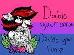 Size: 1600x1200 | Tagged: safe, artist:brainiac, derpibooru import, oc, oc:blackjack, cyborg, unicorn, fallout equestria, fallout equestria: project horizons, amputee, banana split(food) in a chipmunk, bisexual, bisexual pride flag, bisexuality, chest fluff, fanfic art, female, flower, mare, pride, pride month, prosthetic limb, prosthetics, screws, sketch, solo, text