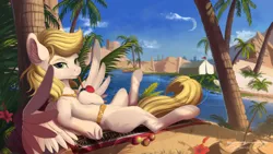 Size: 1920x1080 | Tagged: safe, artist:discordthege, derpibooru import, oc, oc:dandelion blossom, unofficial characters only, pegasus, pony, cloud, cocktail umbrella, commission, desert, digital art, drink, female, mare, palm tree, relaxing, signature, sky, tent, tree, wallpaper, water
