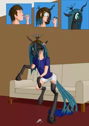 Size: 905x1280 | Tagged: safe, artist:settop, derpibooru import, queen chrysalis, changeling, human, changelingified, couch, female, human to changeling, potion, solo, species swap, tongue out, transformation, transformation sequence, transgender transformation