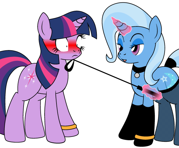 Size: 599x494 | Tagged: suggestive, artist:dekomaru, derpibooru import, edit, trixie, twilight sparkle, pony, unicorn, tumblr:ask twixie, ask, blushing, clothes, collar, cropped, domination, dominatrix, dominatrixie, female, glowing horn, hoof ring, imminent sex, implied marriage, latex, latex socks, lesbian, levitation, magic, magic aura, riding crop, shipping, socks, stockings, telekinesis, thigh highs, tumblr, twixie, whip