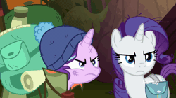 Size: 840x471 | Tagged: safe, derpibooru import, screencap, rarity, starlight glimmer, pony, unicorn, the mean 6, animated, backpack, bag, camping outfit, clothes, cropped, crying, cute, dilated pupils, dirty, eye shimmer, female, floppy ears, frown, gasp, gif, glare, glimmerbetes, hat, lamp, lantern, mare, messy mane, parka, pouting, raised hoof, sad, sadlight glimmer, sadorable, teary eyes, tuque, upset, wavy mouth, wide eyes