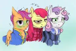 Size: 1619x1087 | Tagged: safe, artist:corevaluesart, derpibooru import, apple bloom, scootaloo, sweetie belle, earth pony, pegasus, pony, unicorn, clothes, cutie mark crusaders, jacket, shirt, sick, stressed, tired