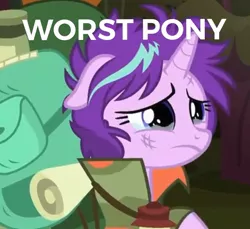 Size: 901x825 | Tagged: safe, derpibooru import, edit, edited screencap, screencap, starlight glimmer, unicorn, the mean 6, abuse, background pony strikes again, backpack, clothes, cropped, crying, downvote bait, drama, female, floppy ears, frown, glimmerbuse, mare, messy mane, sad, solo, starlight drama, teary eyes, worst pony