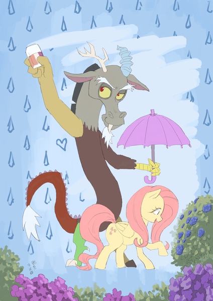 Size: 2480x3508 | Tagged: artist:yanamosuda, derpibooru import, discord, eraser, flower, fluttershy, rain, safe, umbrella