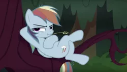 Size: 1587x896 | Tagged: clone, crossed legs, derpibooru import, evil rainbow dash, frown, lidded eyes, mean rainbow dash, safe, screencap, scrunchy face, solo, straw in mouth, the mean 6, tree, tree branch, upside down cutie mark