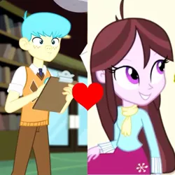 Size: 749x749 | Tagged: safe, derpibooru import, edit, screencap, bright idea, velvet sky, equestria girls, rainbow rocks, background human, brightsky, clipboard, clothes, female, freckles, male, scarf, shipping, shipping domino, straight, techies