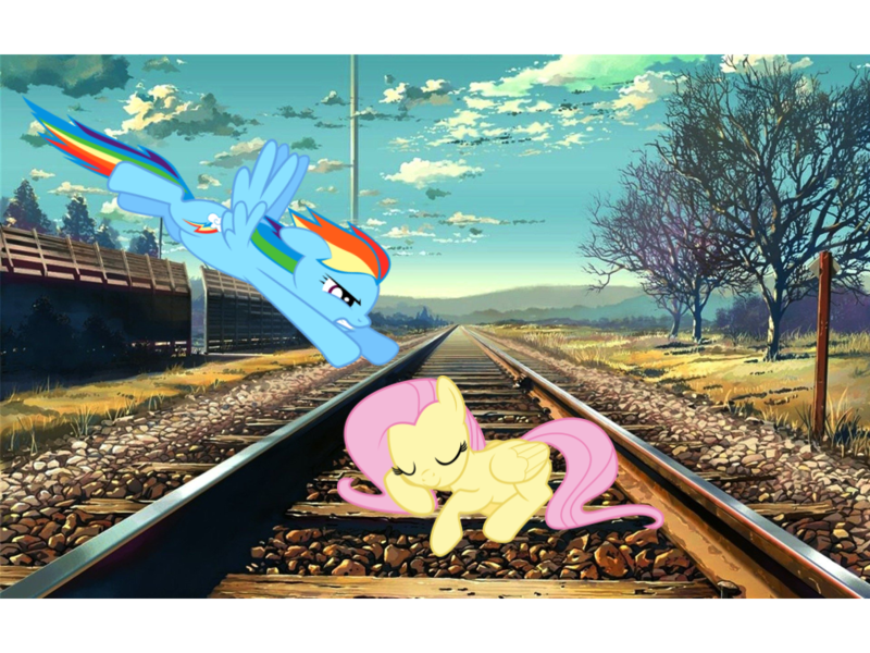 Size: 960x720 | Tagged: cliffhanger, derpibooru import, fluttershy, rainbow dash, safe, saving a life, sleeping, train tracks