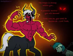 Size: 1021x783 | Tagged: dead source, suggestive, artist:melspyrose, derpibooru import, grogar, lord tirek, centaur, pony, unicorn, armpits, aura, chains, collar, dark background, eyes in the dark, male, muscles, nose piercing, nose ring, piercing, prisoner, revenge of the sith, star wars, stupid sexy tirek, young tirek