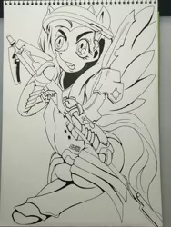 Size: 2448x3264 | Tagged: safe, artist:nipa, derpibooru import, fluttershy, pegasus, pony, semi-anthro, armor, crossover, mercy, mercyshy, monochrome, open mouth, overwatch, solo, spread wings, staff, traditional art, wings
