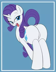 Size: 638x815 | Tagged: suggestive, artist:cladz, color edit, derpibooru import, edit, rarity, pony, unicorn, bedroom eyes, colored, dock, featureless crotch, female, mare, plot, rearity, solo, solo female, tongue out