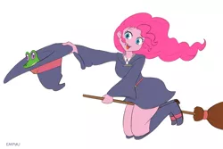 Size: 1000x667 | Tagged: safe, artist:empyu, derpibooru import, gummy, pinkie pie, alligator, equestria girls, 30 minute art challenge, anime, boots, broom, clothes, crossover, cute, dress, flying, flying broomstick, little witch academia, miniskirt, moe, netflix, open mouth, shoes, simple background, skirt, solo, thighs, white background, witch