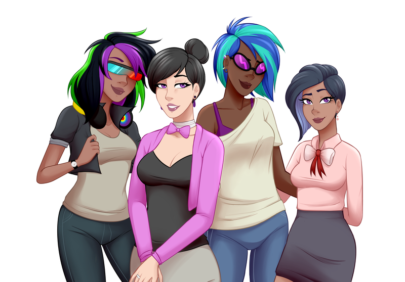 Size: 1280x892 | Tagged: safe, artist:emberfan11, derpibooru import, octavia melody, vinyl scratch, oc, oc:nuance harmoney, oc:sawtooth vibe, human, icey-verse, alternate hairstyle, bowtie, bra, breasts, cardigan, clothes, commission, dark skin, ear piercing, earring, family, female, glasses, hair bun, headphones, humanized, jacket, jeans, jewelry, leather jacket, lesbian, lidded eyes, lipstick, magical lesbian spawn, next generation, offfspring, offspring, pants, parent:octavia melody, parent:vinyl scratch, parents:scratchtavia, piercing, ring, scratchtavia, shipping, shirt, simple background, skirt, t-shirt, tanktop, underwear, watch, wedding ring, white background