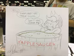 Size: 1024x768 | Tagged: safe, artist:andypriceart, derpibooru import, applejack, earth pony, pony, applesauce, cowboy hat, female, grayscale, hat, looking at you, mare, monochrome, pencil drawing, photo, solo, that pony sure does love apples, traditional art, tub