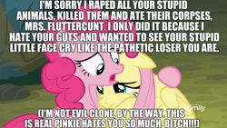 Size: 1920x1080 | Tagged: abuse, background pony strikes again, bitch, derpibooru import, downvote bait, edgy, edit, edited screencap, excessive exclamation marks, flutterbuse, fluttershy, image macro, implied death, implied murder, implied ponies eating meat, implied rape, meme, op is trying too hard, out of character, ow the edge, pinkie pie, screencap, semi-grimdark, the mean 6