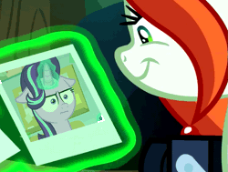 Size: 813x615 | Tagged: animated, camera, chrysalis' picture, crackle cosette, cropped, crossing the memes, derpibooru import, disguise, disguised changeling, edit, edited screencap, empathy cocoa, exploitable meme, floppy ears, i mean i see, looking at something, loop, marks for effort, meme, memeception, photo, queen chrysalis, safe, screencap, smiling, starlight glimmer, the mean 6