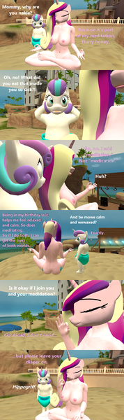 Size: 1280x4320 | Tagged: 3d, anthro, artist:papadragon69, baby talk, breasts, busty princess cadance, casual nudity, comic, derpibooru import, diaper, female, hypocrisy, hypocrite, hypocritical humor, meditating, milf, nipples, nudity, princess cadance, princess flurry heart, questionable, source filmmaker