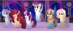 Size: 5696x2424 | Tagged: safe, artist:moon-rose-rosie, derpibooru import, oc, oc:celestial moon, oc:chocolate sprinkles, oc:crystal flame, oc:golden apple, oc:magnolia, oc:shining ray, unofficial characters only, dracony, earth pony, hybrid, pegasus, pony, unicorn, base used, female, high res, interspecies offspring, magical lesbian spawn, male, mare, movie accurate, offspring, parent:applejack, parent:bulk biceps, parent:caramel, parent:cheese sandwich, parent:fluttershy, parent:pinkie pie, parent:rainbow dash, parent:rarity, parent:soarin', parent:spike, parent:spitfire, parent:twilight sparkle, parents:carajack, parents:cheesepie, parents:flutterbulk, parents:soarinfire, parents:sparity, parents:twidash, stallion