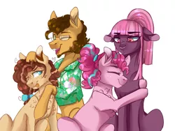 Size: 1973x1486 | Tagged: safe, artist:anyatrix, derpibooru import, cheese sandwich, pinkie pie, oc, oc:cinnamon toast, oc:shortcake, earth pony, pony, beard, cheesepie, facial hair, female, floppy ears, glasses, male, mare, offspring, older, one eye closed, parent:cheese sandwich, parent:pinkie pie, parents:cheesepie, shipping, simple background, straight, tongue out, white background