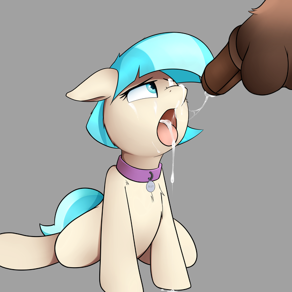 Size: 2800x2800 | Tagged: explicit, alternate version, artist:neighday, derpibooru import, coco pommel, earth pony, pony, collar, cum, cum in mouth, cum string, erection, facial, female, looking up, male, mare, nudity, offscreen character, one eye closed, open mouth, penis, pet play, pet tag, simple background, straight