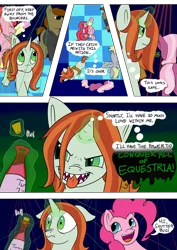 Size: 954x1350 | Tagged: safe, artist:teabucket, deleted from derpibooru, derpibooru import, cheerilee, crackle cosette, pacific glow, pinkie pie, queen chrysalis, comic:panic at the nightclub, the mean 6, comic, dancing, licking, licking lips, nightclub, potion, tongue out